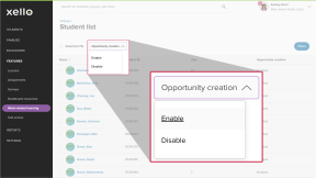 Work-based learning student list page. The "Opportunity creation" dropdown is open. The option on the menu are "Enable" and "Disable"